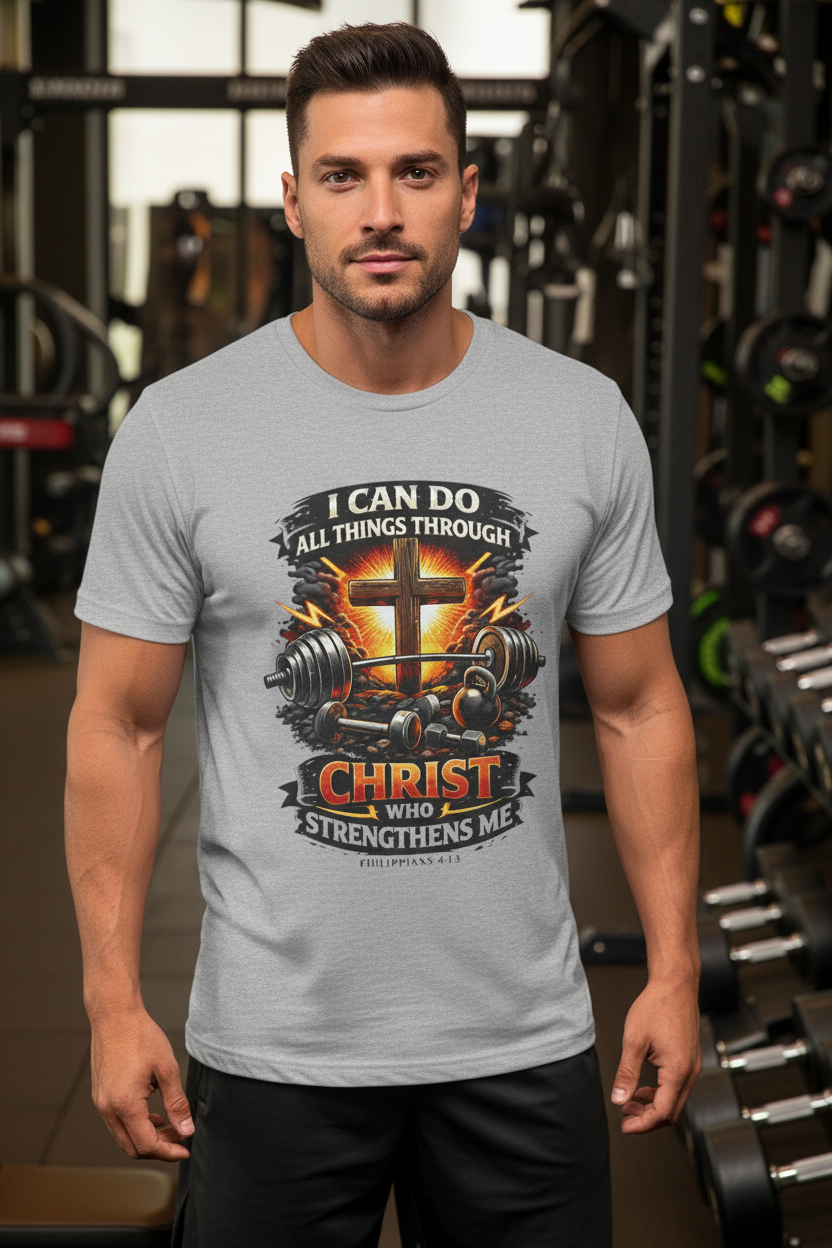 Man wearing sport grey Christian gym tee