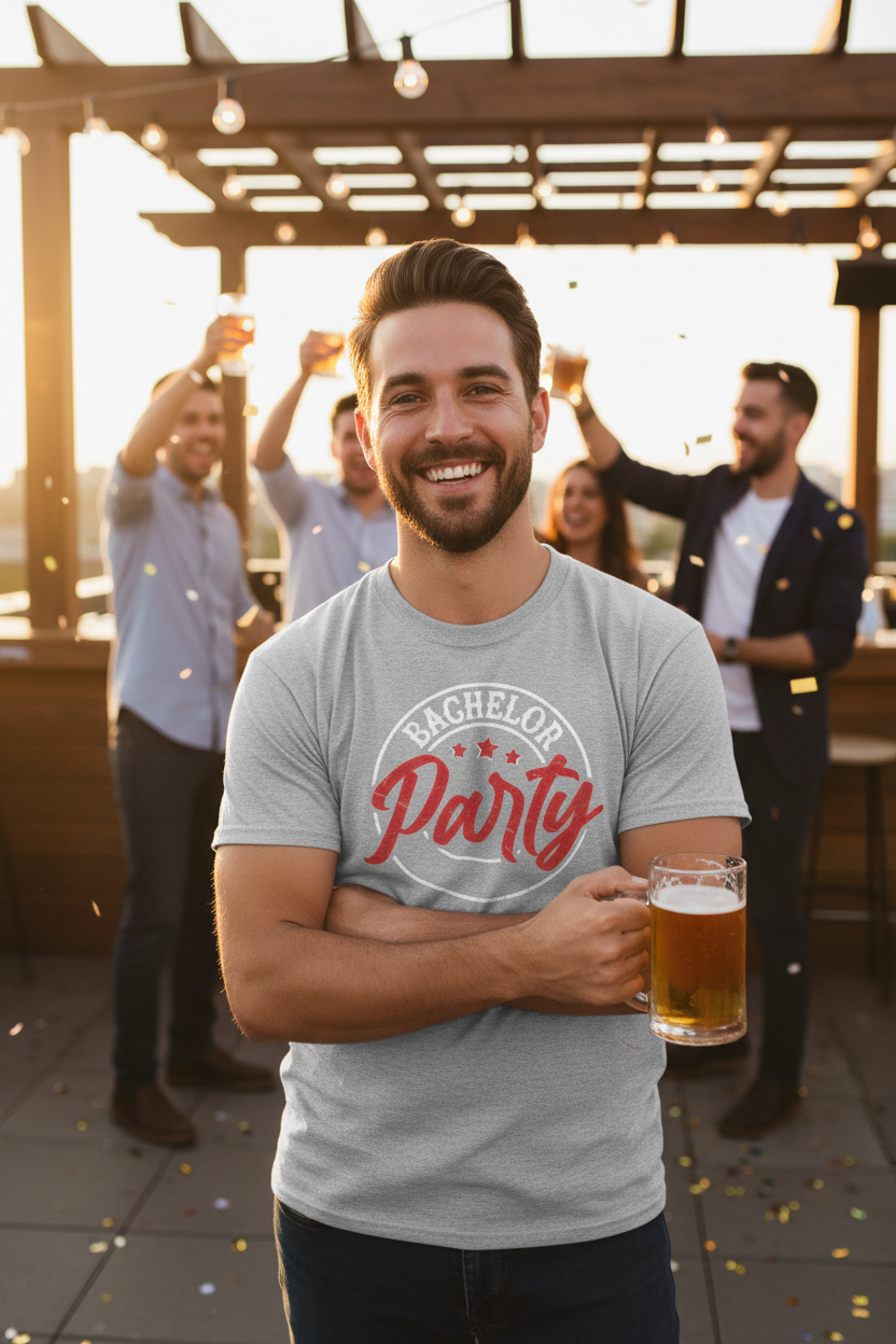 Man wearing sport grey vintage retro groom crew tee