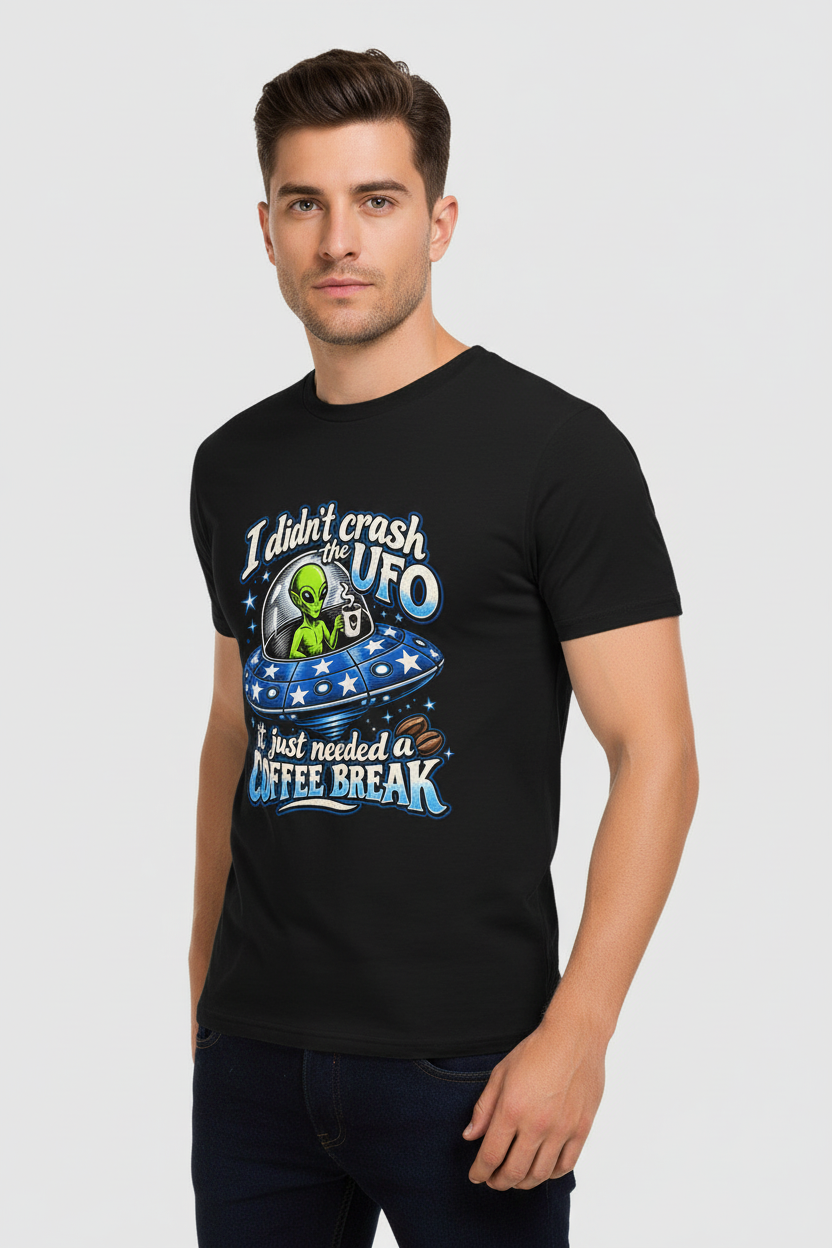 Man wearing the black I Didn't Crash the UFO tee