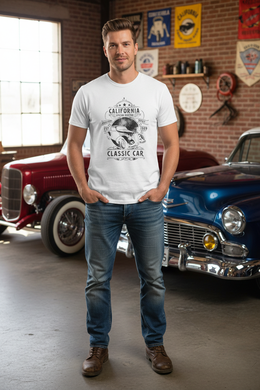Man wearing white California car club t-shirt