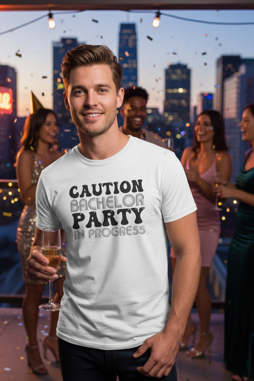 Man wearing white Caution Bachelor tee