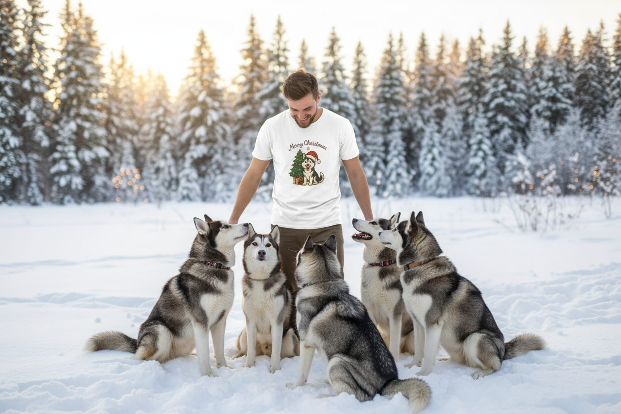 Man with 4 huskies wearing the shirt