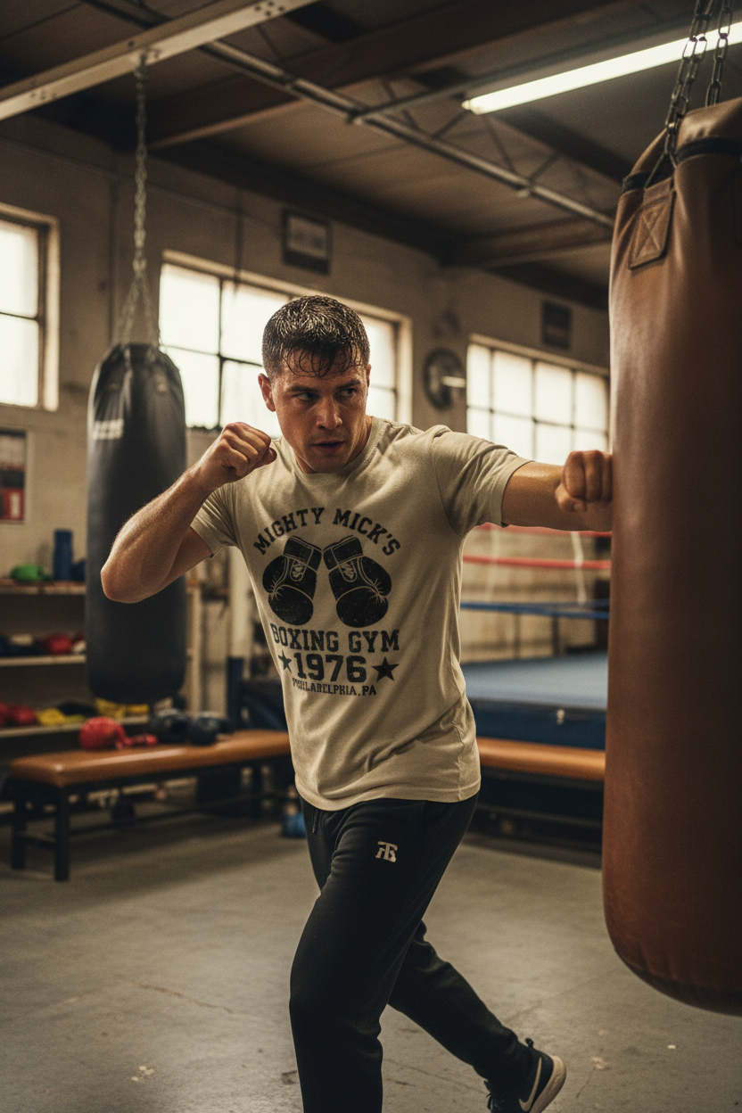 Man Working Out in Sand Shirt