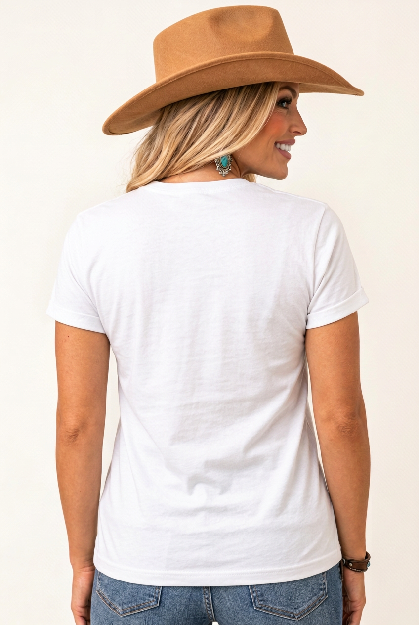 Matching plain white tee back mockup with your cowgirl model