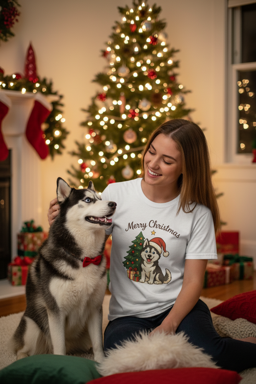 Merry Christmas Dog Tee - Christmas Mockup with Husky