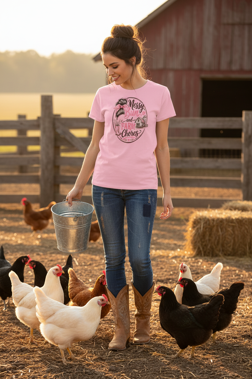 Messy Bun Pink Tee Farm Mockup