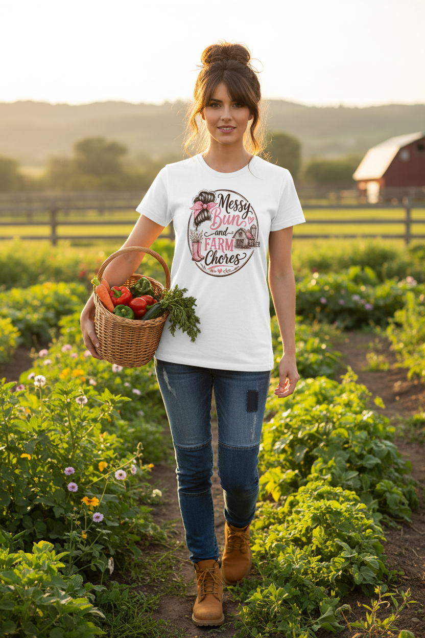 Messy Bun White Tee Farm Mockup