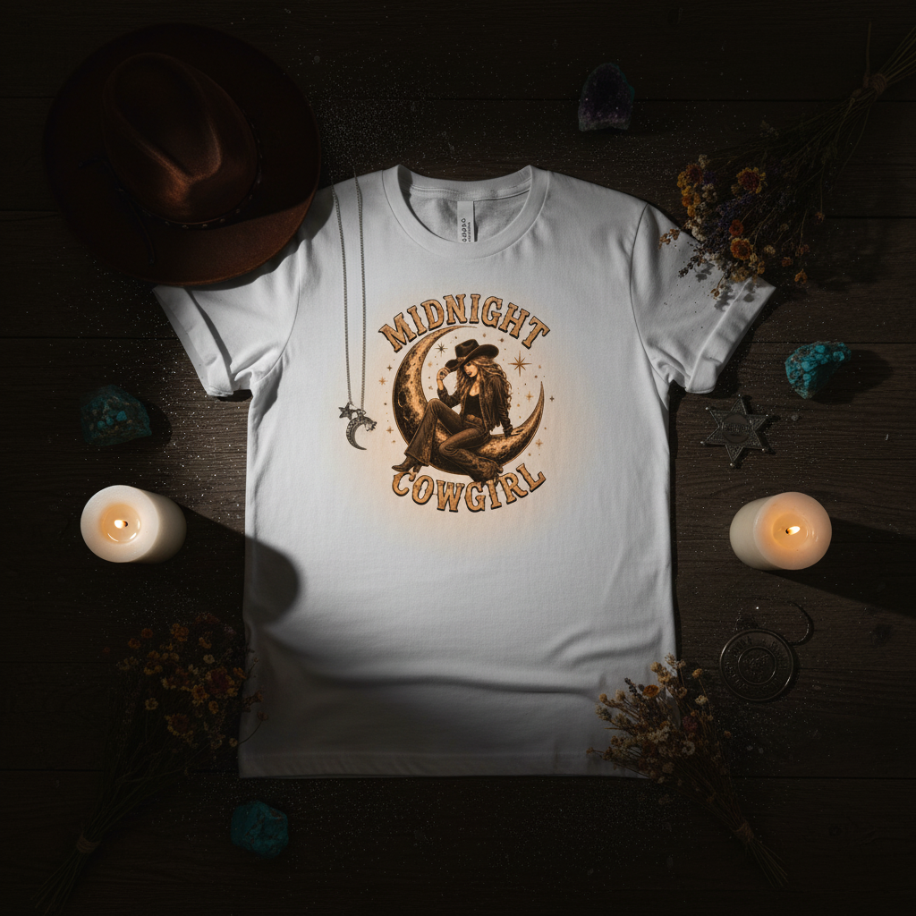 Midnight Cowgirl - White Candle Flat Lay