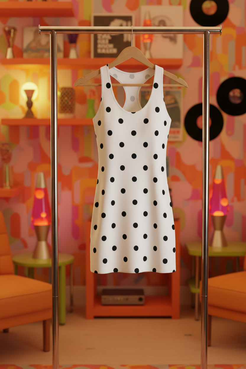 Midnight Dot Dress on Hanger Rack - 60s Vibe