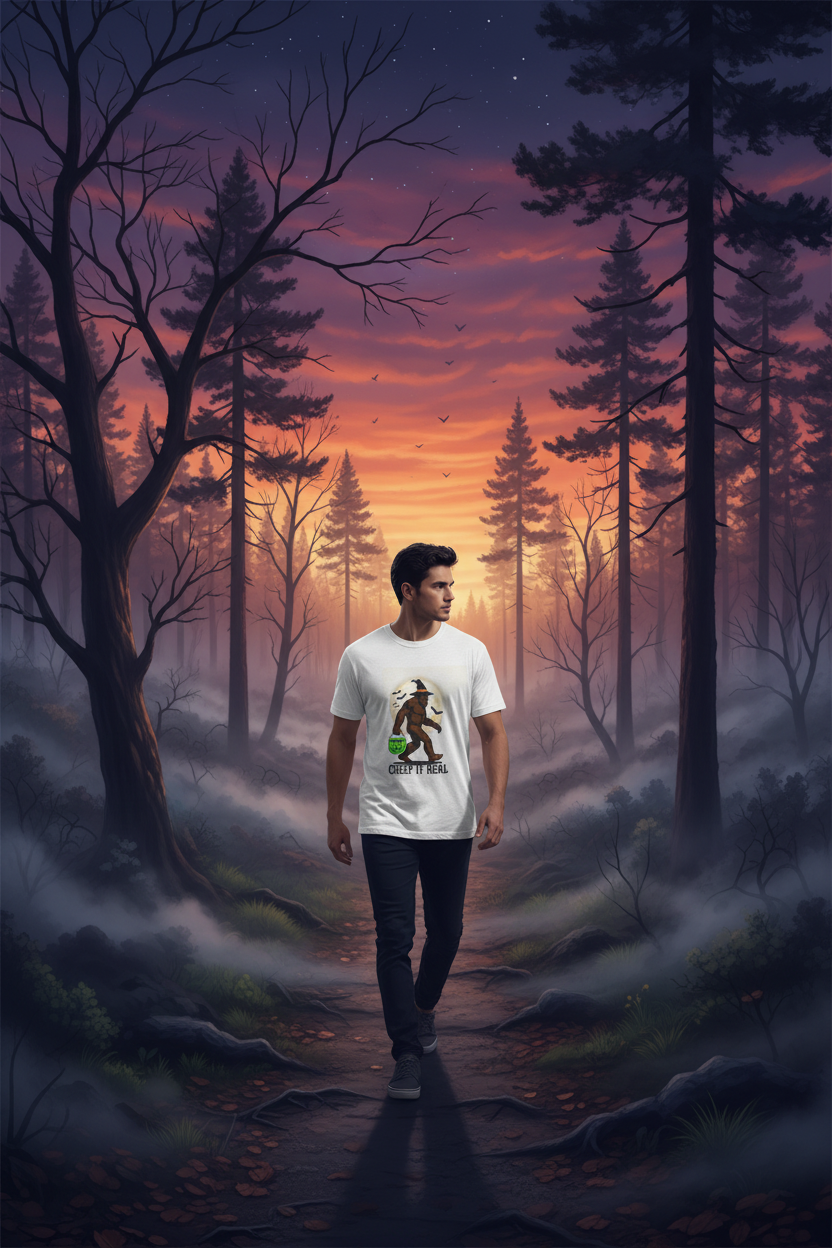 Misty woodland trail at dusk with twilight sky