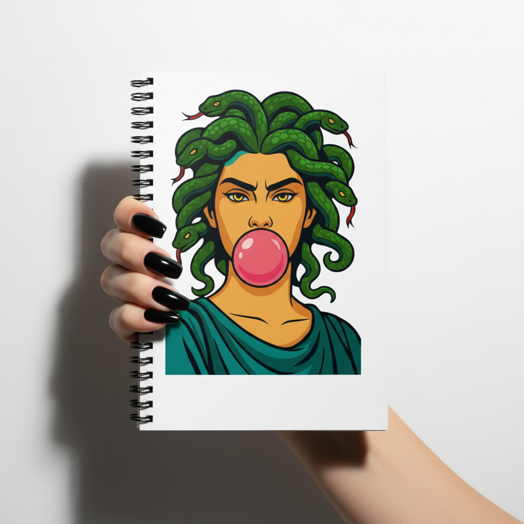 Mockup 1 - Black nails holding Medusa notebook