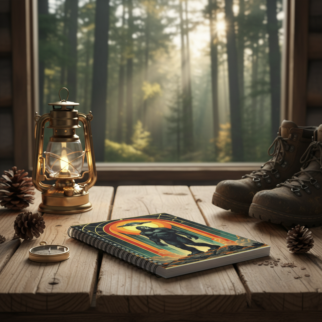 Mockup 2 - Rustic cabin table with camping gear