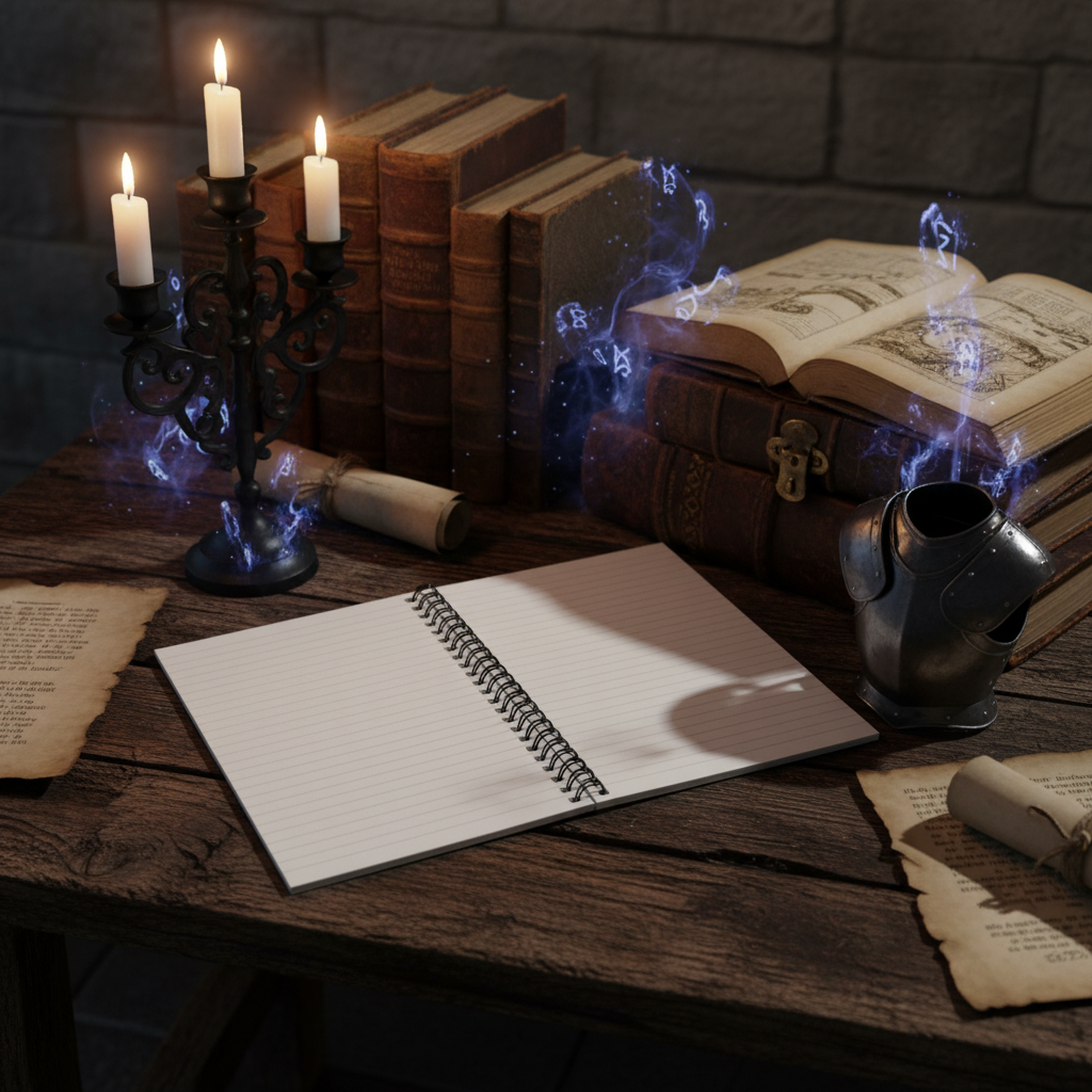 Mockup 4 - Ancient desk with dragon figurine