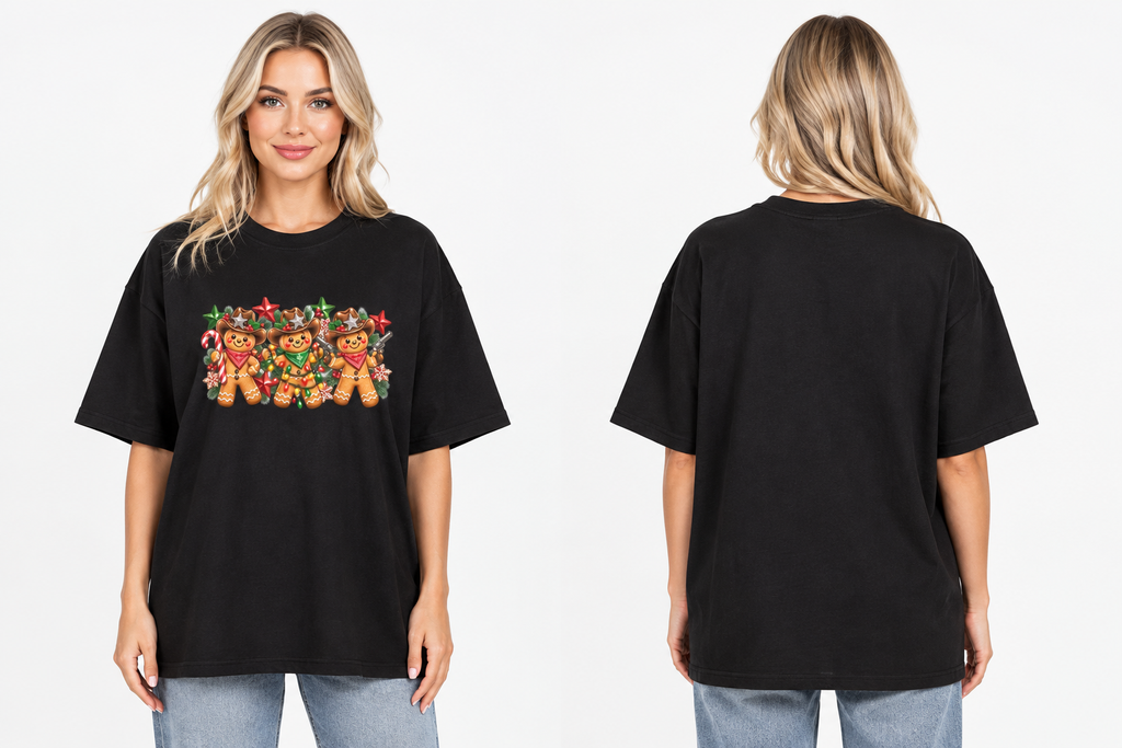 Model front and back combo, black tee with gingerbread cowboys