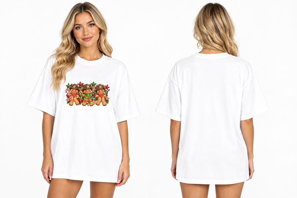 Model front and back combo, white tee with gingerbread cowboys