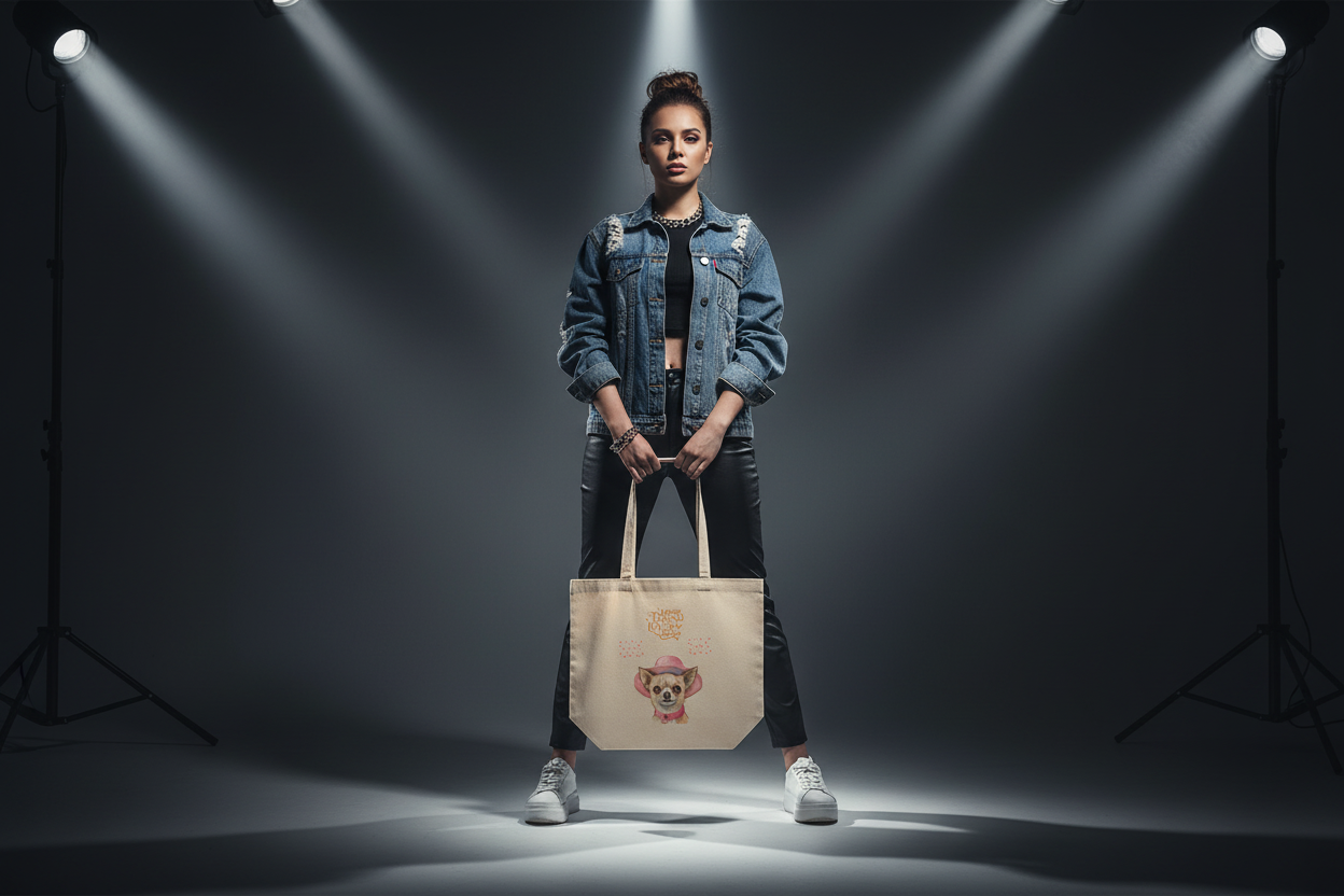 Model in studio with dramatic spotlights