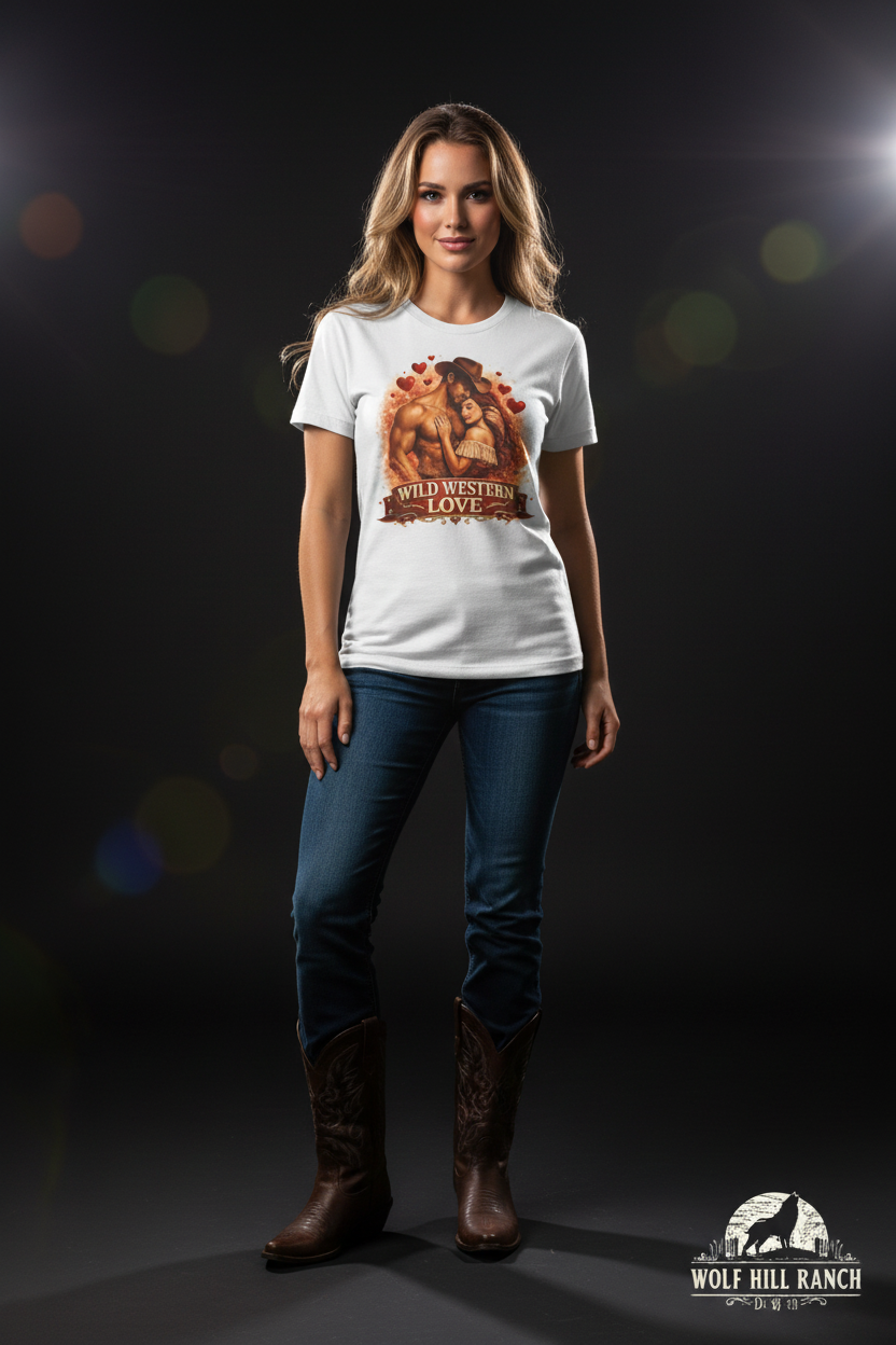 Model under studio lights with Wolf Hill Ranch Designs logo