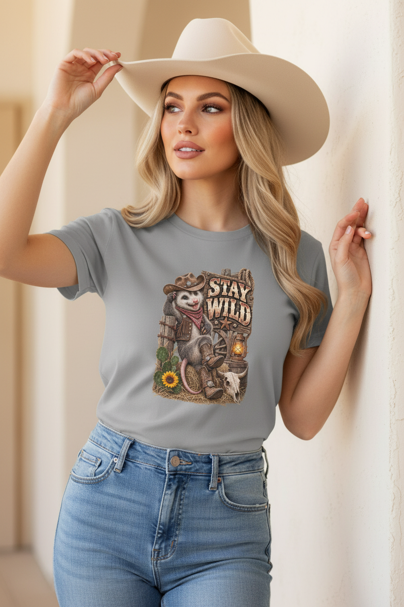 Model wearing the grey Stay Wild tee, boutique setting