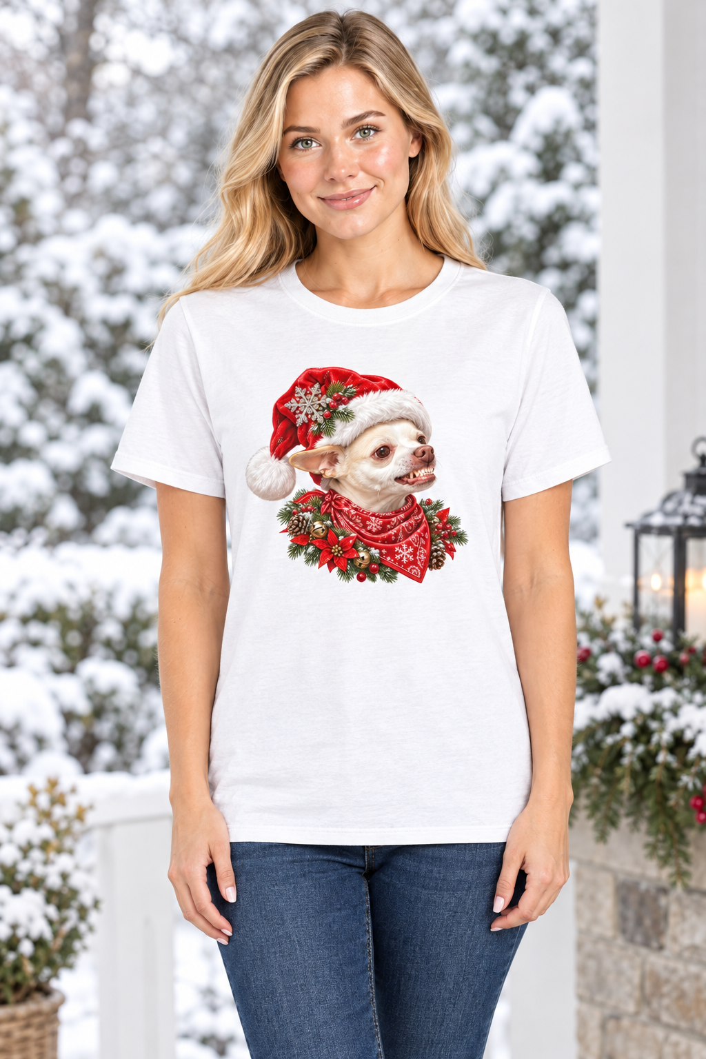 Model wearing the regular-fit white Coco Christmas tee with a snowy background