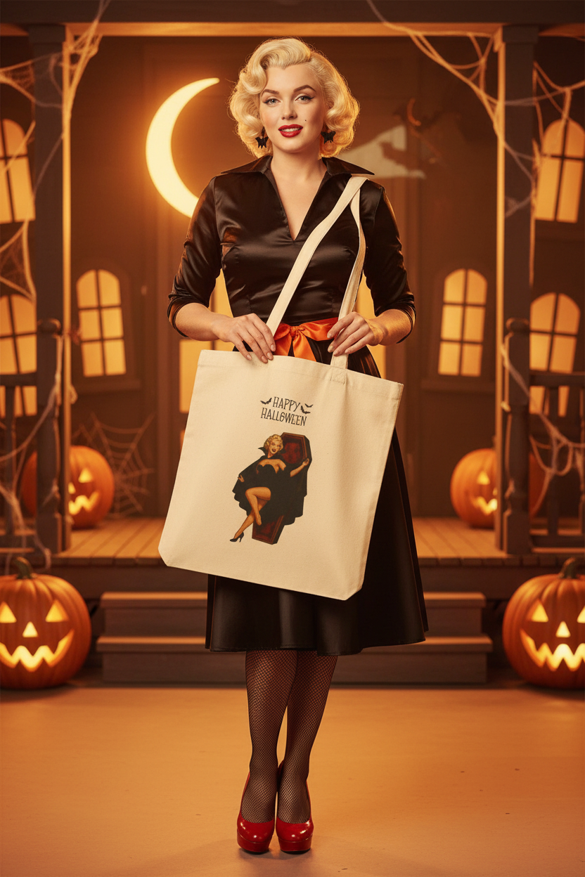 Monroe-style pin-up with Halloween tote bag