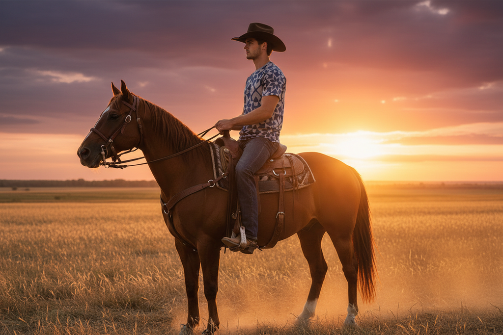 Mosaic Ranch Tee — Side View on Horse