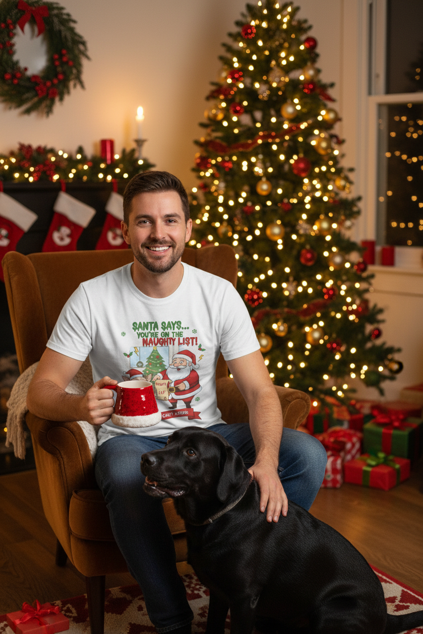 Naughty List Christmas T-Shirt — Man Wearing Mockup