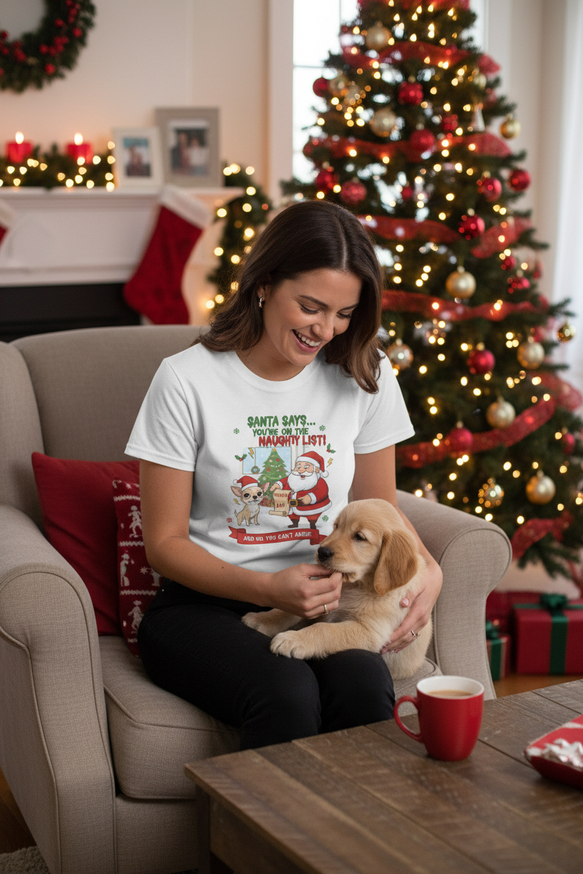 Naughty List Christmas T-Shirt — Santa with Dog Holiday Tee Mockup