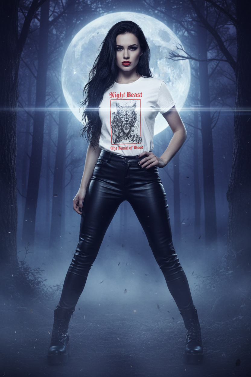 Night Beast Wolf Graphic Tee - Edgy Woman with Effects