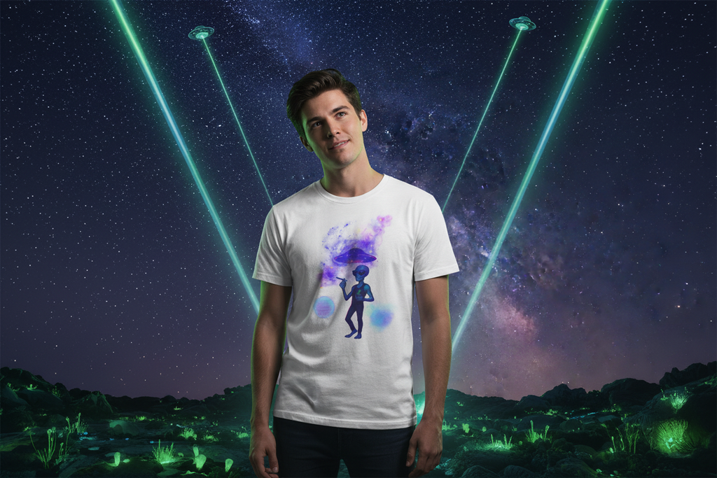 Night scene with glowing UFO light beams