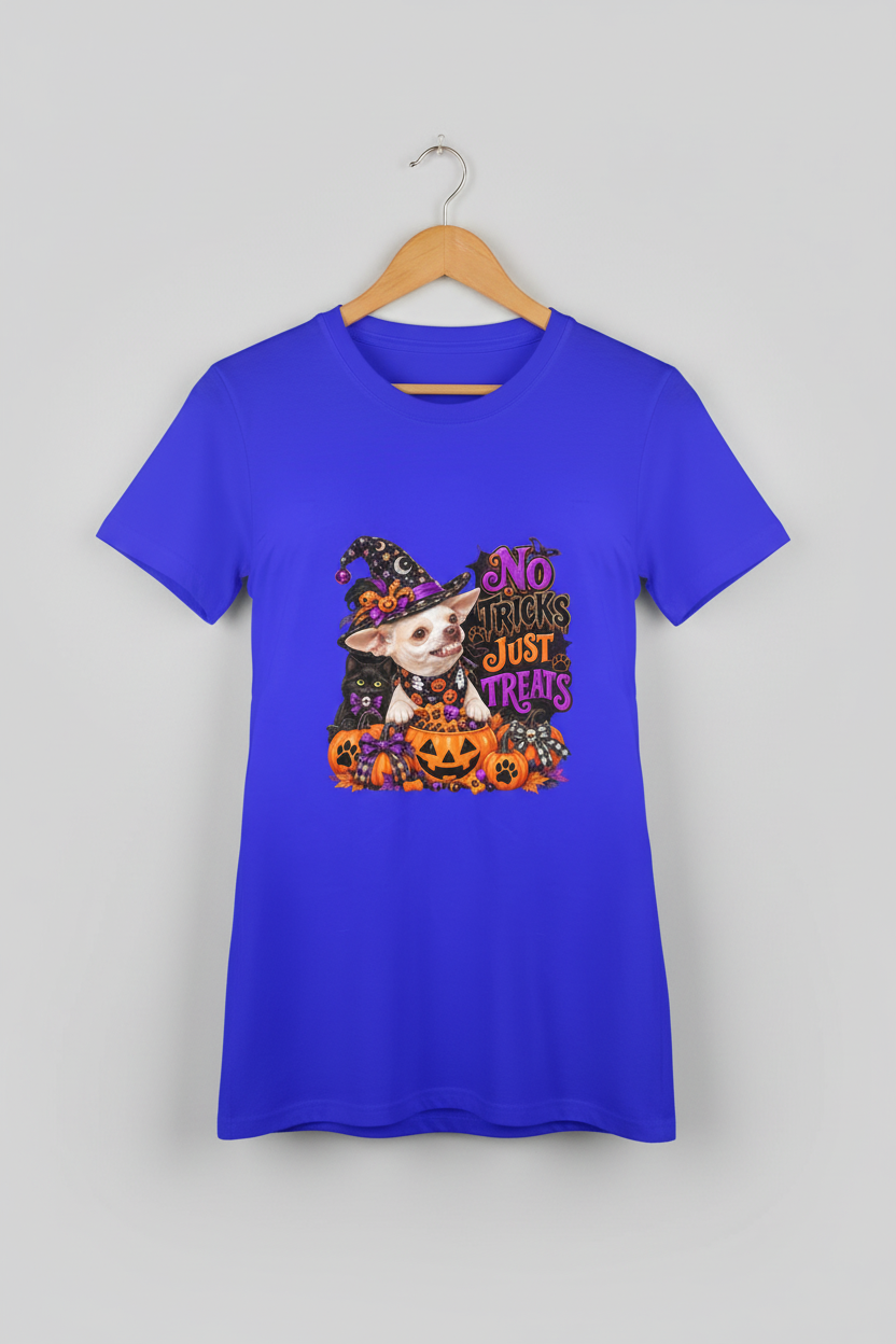 No Tricks Just Treats chihuahua tee hanging loose on a wooden hanger