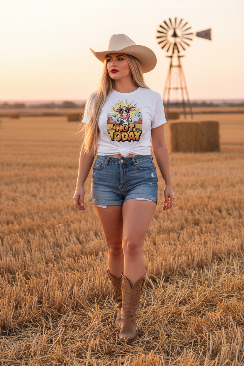 Not Today - Cowgirl White Tee Hay Field