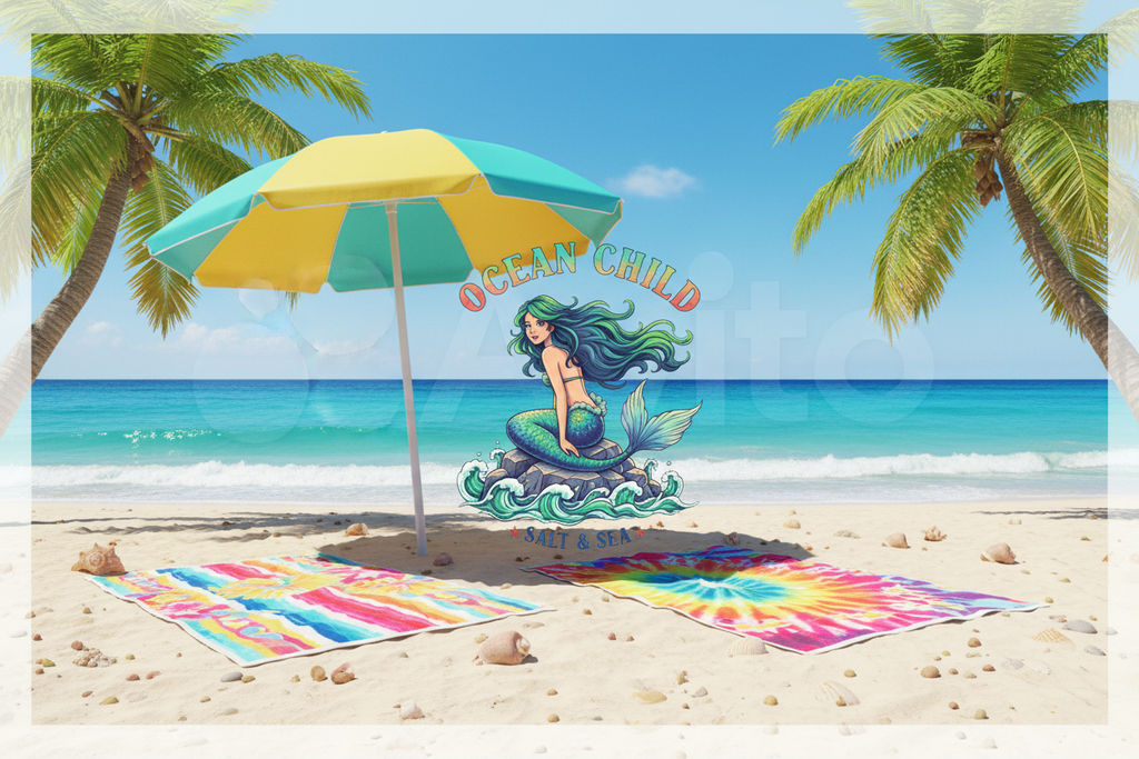 Ocean Child Mermaid Beach Banner with Towels