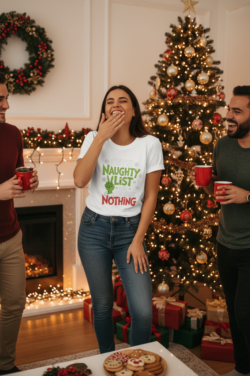 On the Naughty List Christmas Tee Woman Mockup