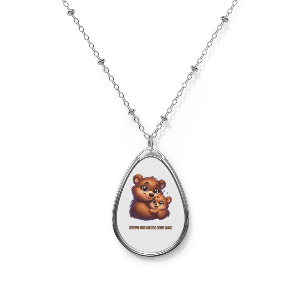 Oval Pendant Necklace — Cute Mama Bear & Cub Teardrop Charm