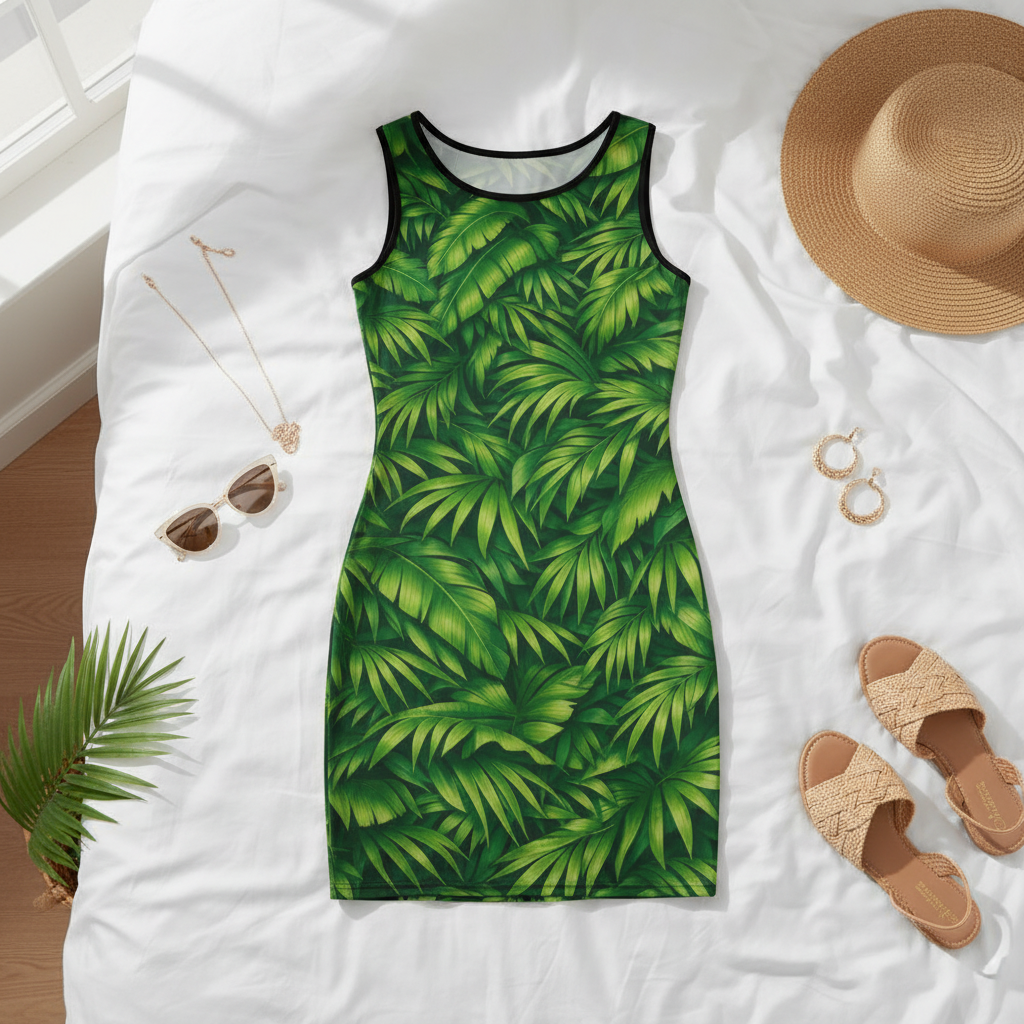 Palm Paradise Dress Flat Lay on Bed