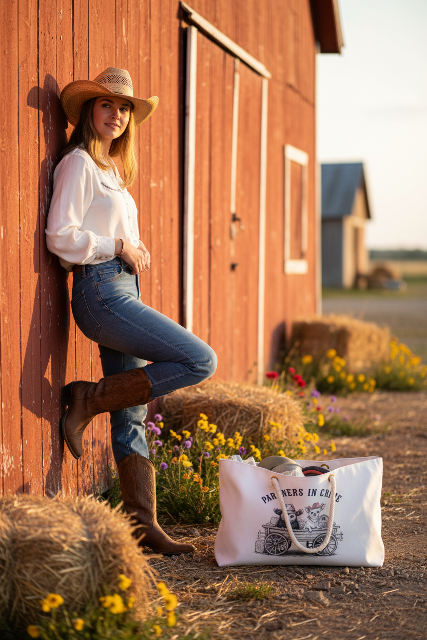 Partners in Crime Bag - Cowgirl Leaning on Barn