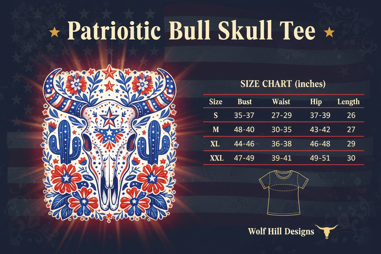 Patriotic Bull Skull - Size Chart
