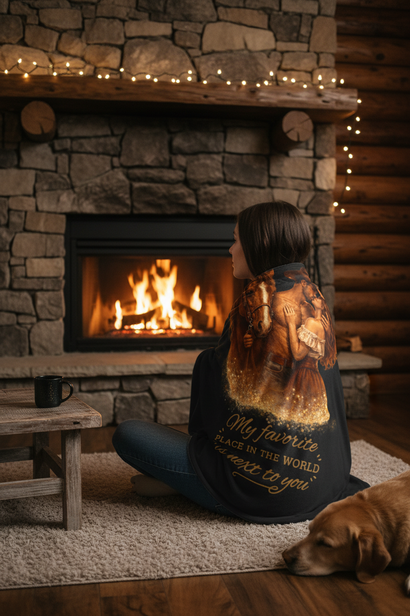 Person by fireplace wrapped in blanket