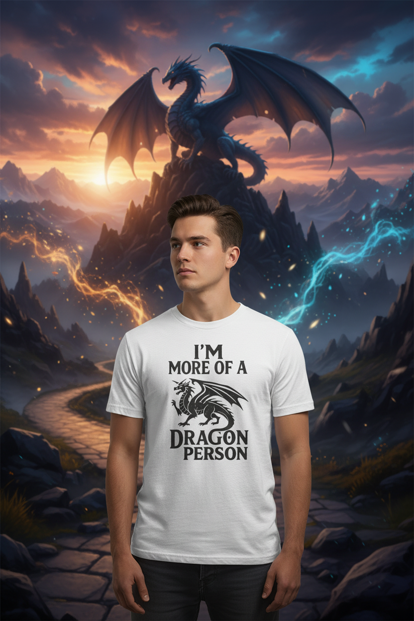 Person in fantasy setting with dragon in background