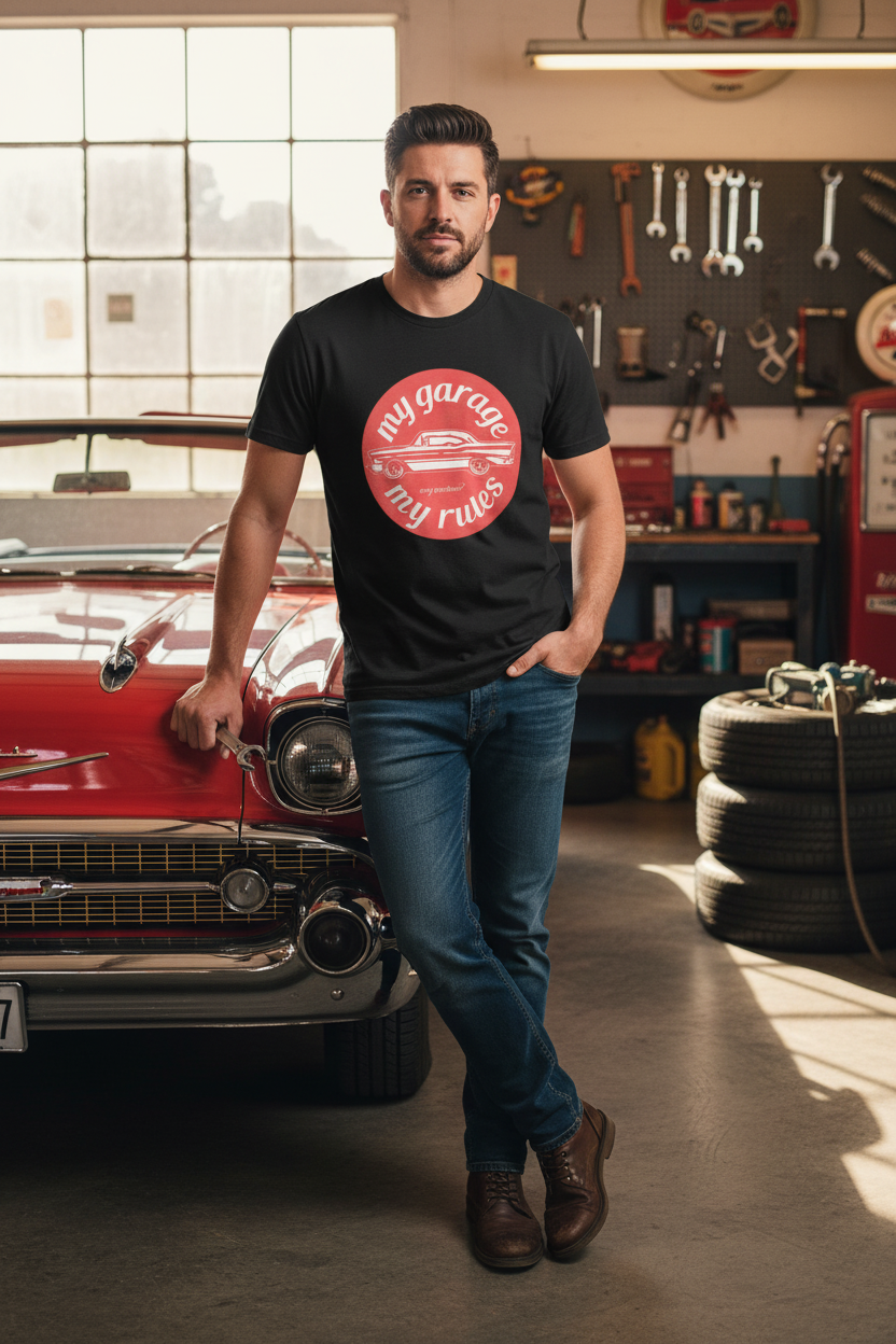 Person wearing black My Garage My Rules tee