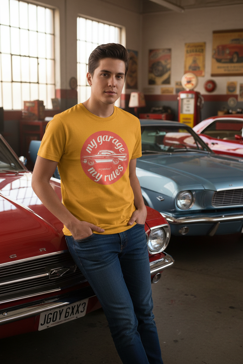 Person wearing gold My Garage My Rules tee