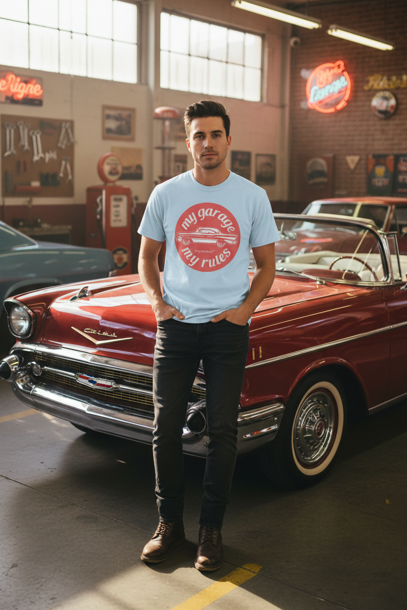 Person wearing light blue My Garage My Rules tee