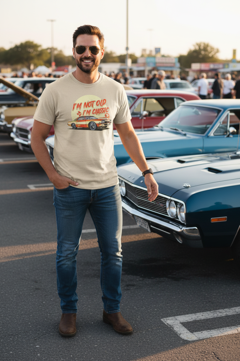 Person wearing sand I'm Not Old I'm Classic tee