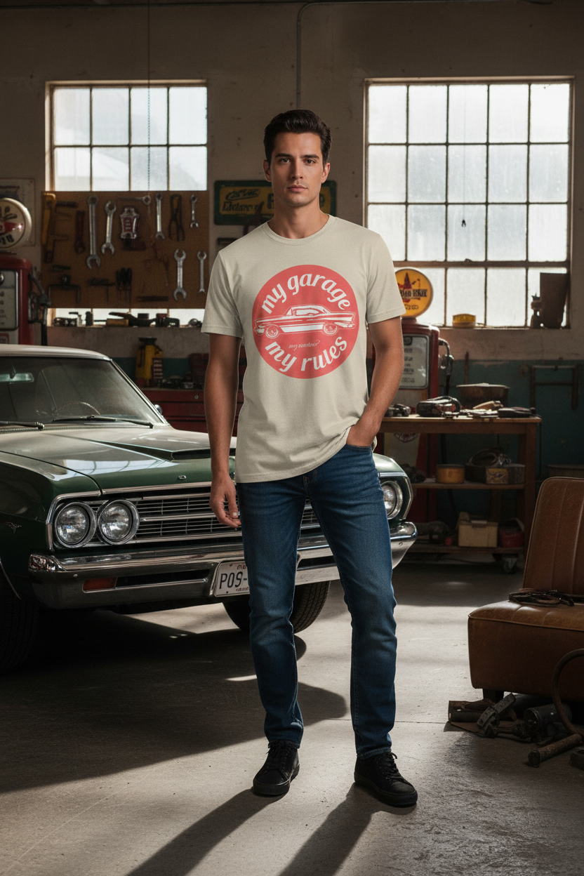 Person wearing sand My Garage My Rules tee