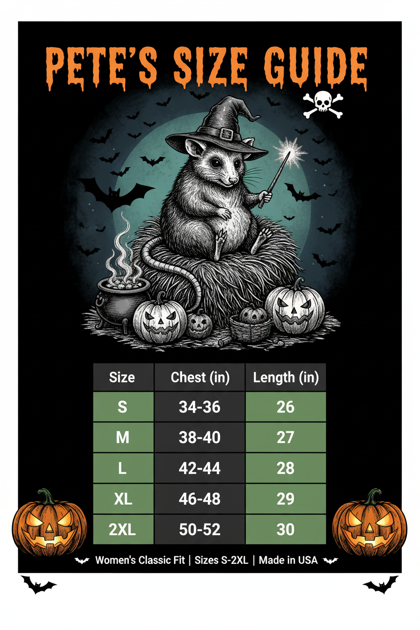 Pete the Possum Spooky Size Chart