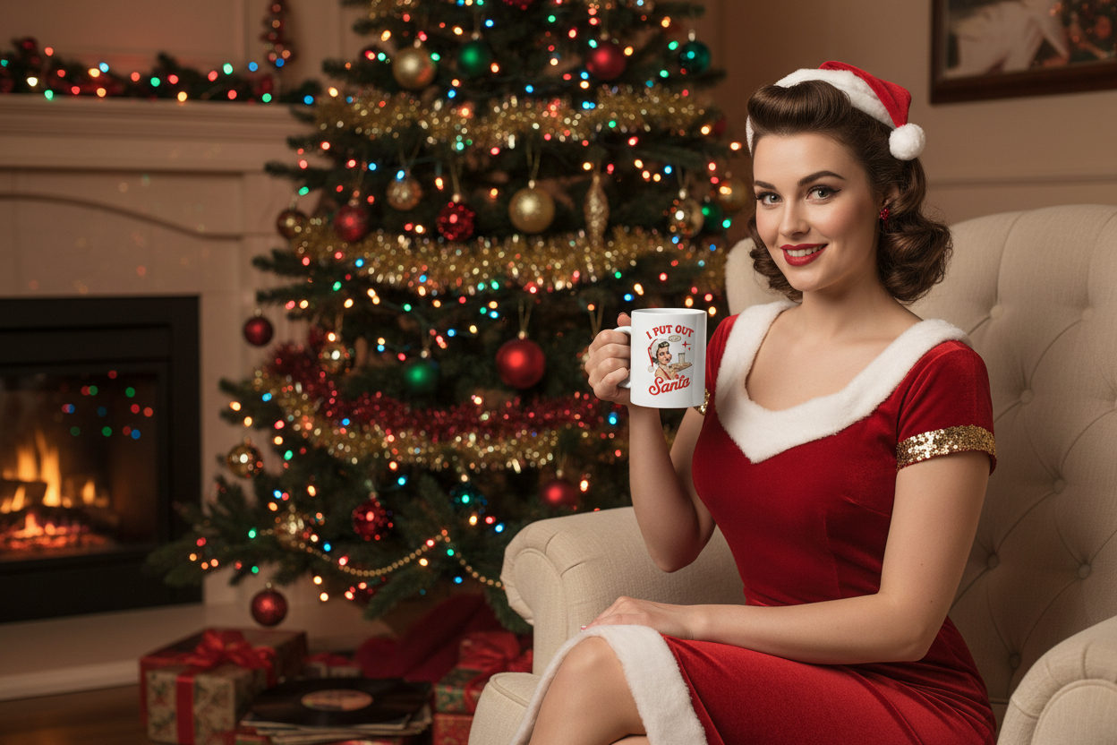 Pin-up girl by Christmas tree with vintage style
