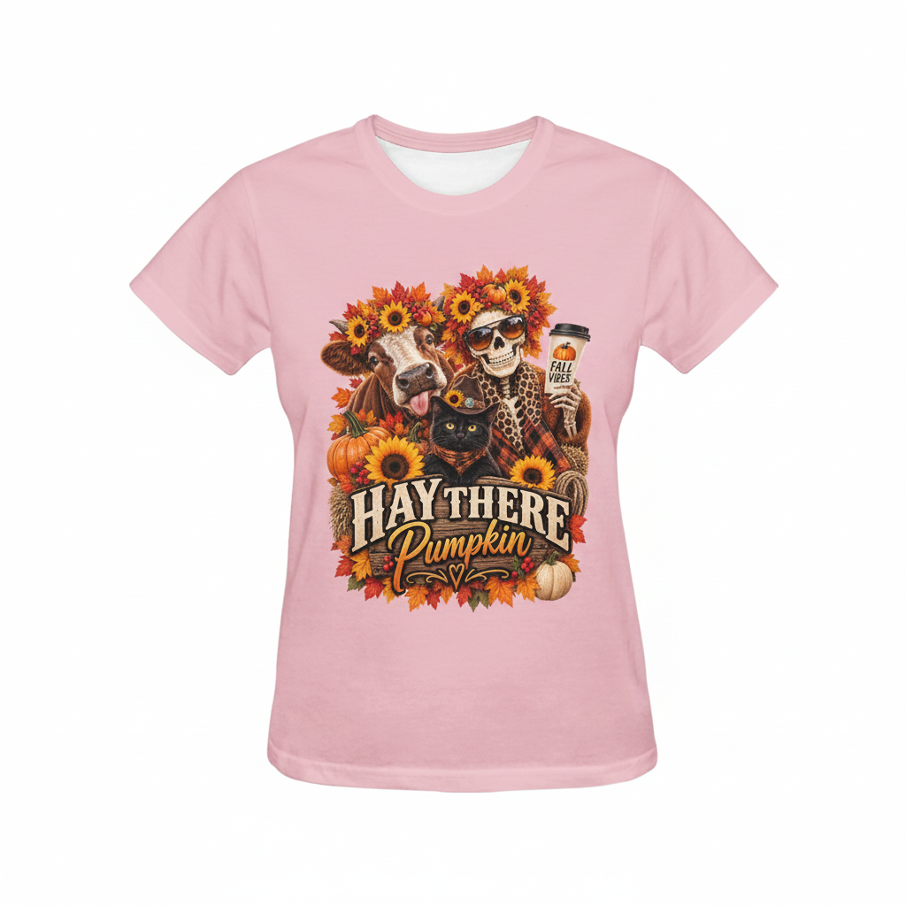 Pink Hay There Pumpkin tee laid flat on a white background