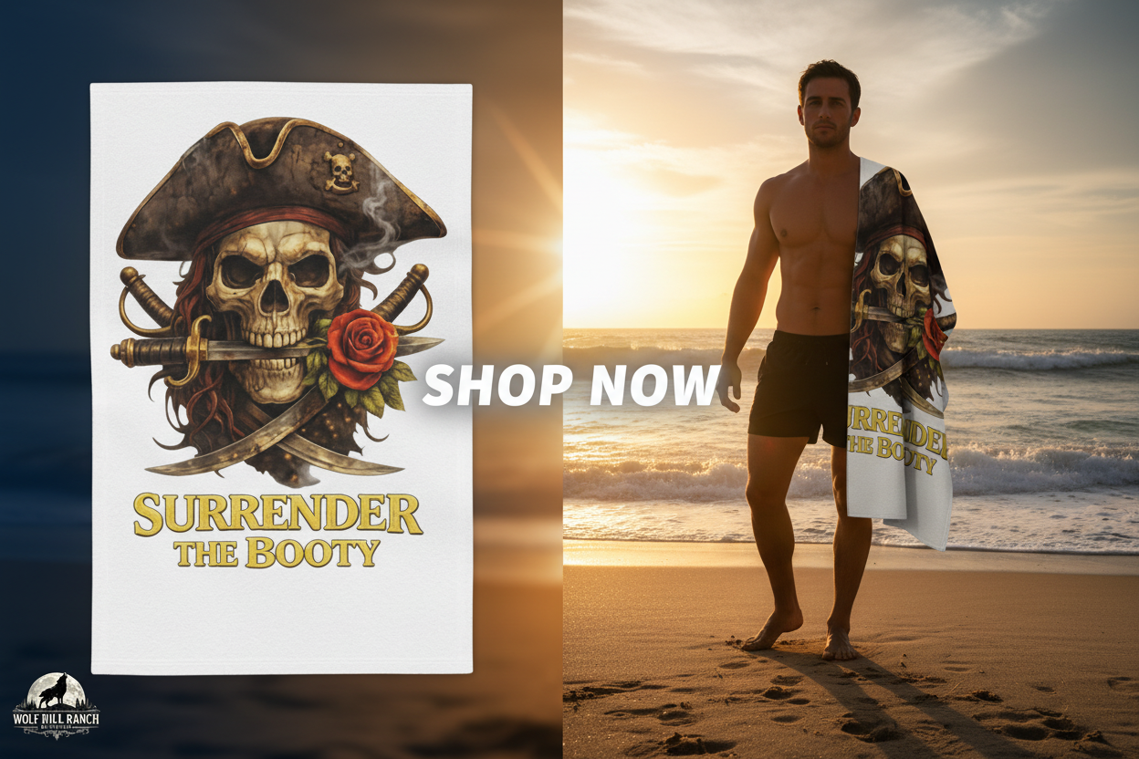 Pirate Skull Towel Shop Now Banner - Correct Design