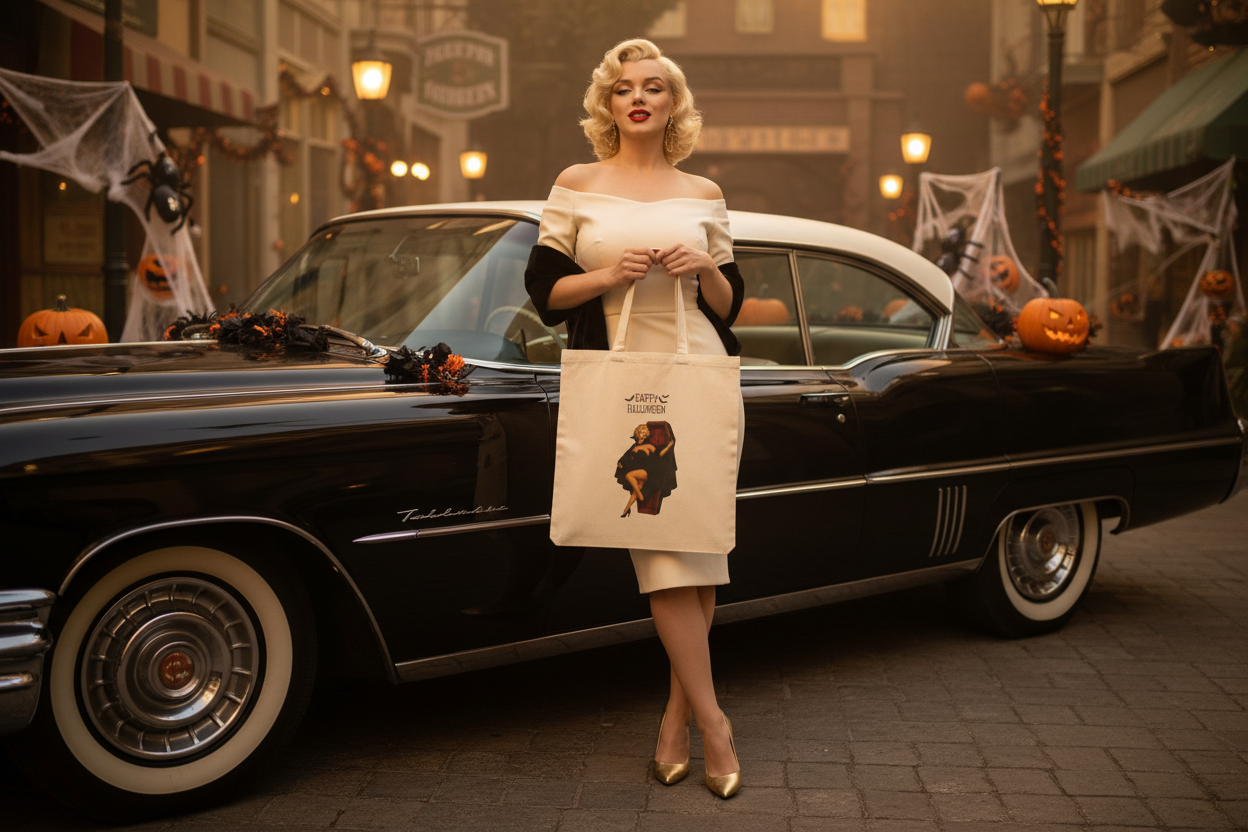 Playful pose near vintage car with Halloween decor