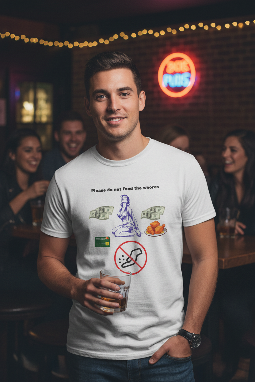 Please Do Not Feed the Whores Tee Man Mockup